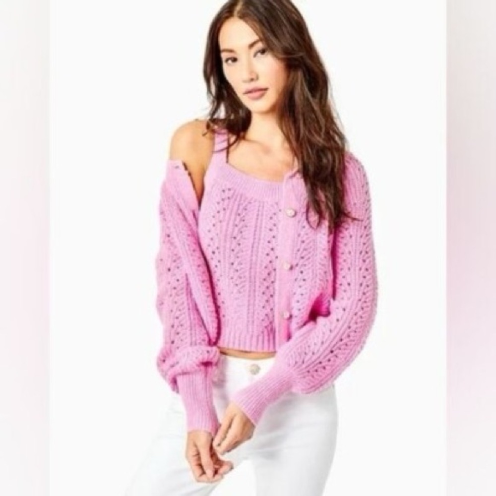 $218 Women Lilly  Pulitzer Zabrina Sweater SET Top Cardigan Pearl Lilac Rose Xs